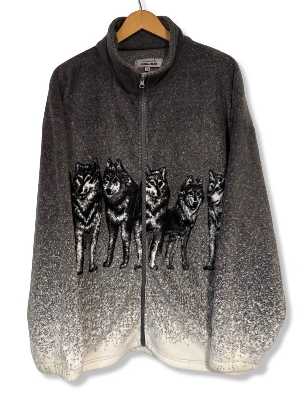 Vintage Grey Wolf Print Fleece Zip-Up Jacket